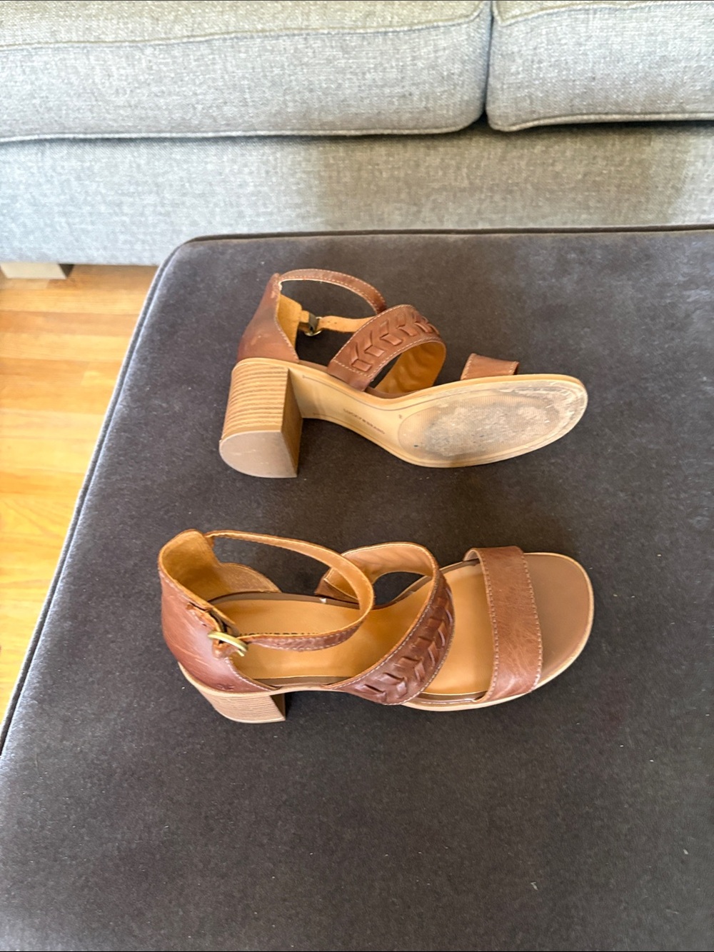 Lucky Brand Cognac Braided Leather Block Heel Sandals - Picture 5 of 9